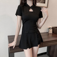 改良版高腰开叉短款旗袍连衣裙短裤两件套2020夏新款显瘦复古套装 849#黑色 S