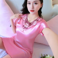 睡衣女夏女士性感冰丝韩版短袖薄款宽松可爱五分裤丝绸套装家居服 577西瓜红 M号推荐(80-100斤)