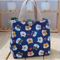 饭盒包便当手提袋日式可爱帆布学生带饭包拎包小身材大容量夏季 蓝柴犬头。纽扣款