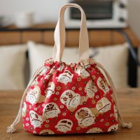日式手拎包 可爱加厚抽绳便当包饭盒袋不掉色女生带饭包 红色招财猫