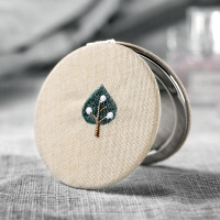 双面小镜子女刺绣化妆镜ins随身便携宿舍学生双面折叠迷你翻盖式 圆形-树叶刺绣