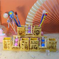 学生木质桌面卡通双筒笔筒带旋转沙漏可爱办公桌创意笔插收纳摆件 二个笔筒一个沙漏 款式随机