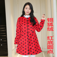 加厚绒反穿衣围裙韩版时尚女冬厨房防油长袖羽绒服罩衣成人工作服 银狐绒红底大圆点 L码(单穿100斤/套棉袄90斤)以内