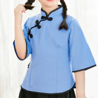 儿童民国风学生装合唱演出服装女童中山装民国五四青年朗诵秋装女 女款棉麻蓝色(单上衣) 110cm