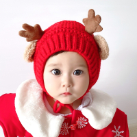 婴儿帽子秋冬季可爱婴幼儿毛线帽女宝宝公主帽男童加绒保暖护耳帽 鹿角红色-加绒款 5-18个月头围(42-48cm) 有弹