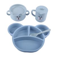 小麦秸秆五分格儿童餐盘小黄鸭餐具套装卡通加厚幼儿园防摔餐盘 北欧蓝 卡通杯有盖