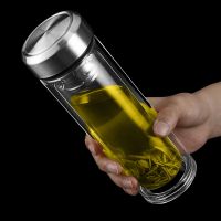 高颜值防爆带盖耐高温透明玻璃水杯子男女士学生韩版可爱简约泡茶 单杯 350ml+本钢银色