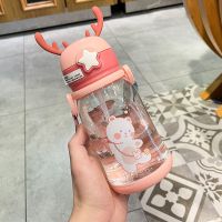儿童水杯塑料带吸管女学生大容量便携水壶幼儿园宝宝防摔吸管杯子 粉色600ml 鹿角萌萌儿童吸管杯(高颜值单杯)