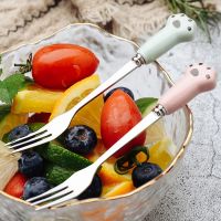 5支不锈钢水果叉套装家用水果签蛋糕叉甜品叉沙拉叉月饼叉小叉子 粉色/绿色各1支