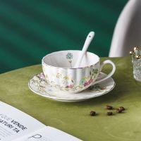 陶瓷咖啡杯简约花茶杯田园风下午茶杯子家用喝水杯办公室水杯点心 花藤 1杯+1碟+1白勺 普包