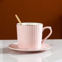简约欧式奢华金边咖啡杯碟带勺高档陶瓷水杯家用办公下午茶花茶杯 粉红 杯+碟+勺