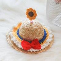 ins风猫咪帽子猫咪饰品狗狗帽子猫咪头饰毛线小草帽防晒遮阳 白雪公主毛线小草帽 S-直径约12CM