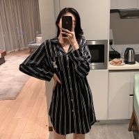 女士维密蔡徐坤同款衬衫长袖睡裙野兽派小奶狗雪纺条纹宽松睡裙女 长袖小奶狗睡裙 M [建议80-100斤]