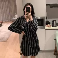 女士维密蔡徐坤同款衬衫长袖睡裙野兽派小奶狗雪纺条纹宽松睡裙女 长袖小奶狗睡裙 M [建议80-100斤]