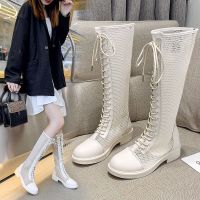 全皮白色靴子女夏季长靴厚底网靴2021新款网纱高筒靴大码小码女鞋 前系带米色[升级版98%人购买] 35 标准码