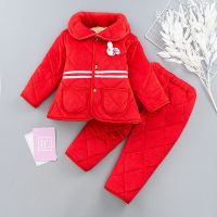 冬季儿童三层夹棉睡衣加厚贝贝绒家居服套装宝宝女孩保暖珊瑚绒 红色[腰带款] 90 建议身高90cm左右