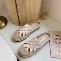 镂空渔夫凉鞋2020新款藤草拼包头半拖鞋渔夫鞋厚底懒人一脚蹬鞋女 米色 36