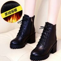 靴子女秋冬季2020新款高帮鞋粗跟防水台短靴女英伦复古高跟马丁靴 黑色大棉[适合冬天最冷的时候] 35 [标准]