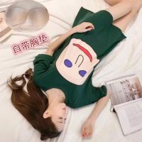 新款带胸垫睡裙女夏季棉质短袖宽松卡通睡衣可外穿学生可爱家居服 [面具脸] M码(80-100斤)