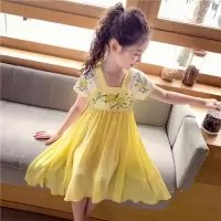 女童汉服连衣裙夏装新款儿童中国风刺绣古装裙子中小童雪纺公主裙 黄色[赠驱蚊手环] 80[驱蚊手环]