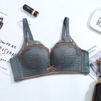 无钢圈婴儿棉文胸聚拢小胸中厚杯性感上托调整内衣女刺绣蕾丝胸罩 默绿单件 32/70A
