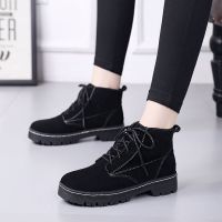 马丁靴女2021秋冬新款韩版学生鞋百搭系带平底加绒英伦风短靴单靴 黑色 [加绒] 35