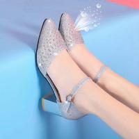 高品质真皮软底凉鞋女2021夏季新款高跟镂空水钻时尚一字扣带女鞋 水钻一字带 银色 34