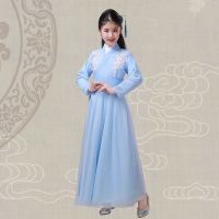 新款女童扶摇同款古装唐朝仙女服中国风小孩演出儿童装女古筝汉服 天蓝色小袖 110 适合105-115