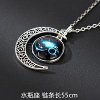 十二星座项链男士韩版个性潮男钛钢挂件嘻哈吊坠首饰情侣饰品配饰 镂空月亮[水瓶座]配O形链 特价[不刻字无任何赠品]