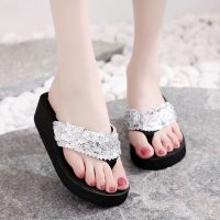 夏季新款夹脚亮片人字拖女厚底防滑松糕女士凉拖鞋坡跟沙滩拖鞋女 亮片银色 36 [适合35脚穿]