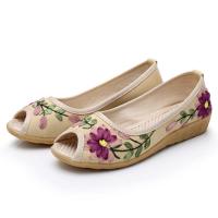 2021夏季新品老北京布鞋坡跟鱼嘴民族风女鞋凉鞋亚麻绣花鞋女单鞋 Y11米色 34