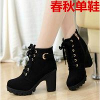马丁靴女高跟鞋女粗跟2020秋冬新款靴子女学生韩版女士妈妈短靴女 黑色(春秋单里) 35 标准