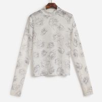 你好卡农 扎染印花网纱打底t恤女夏半高领修身长袖夏装2020新款 玫瑰印花[商城优质版] 均码 80-135斤直接拍下