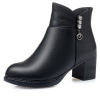 断底包赔短靴子女粗跟秋冬季新款女士中跟保暖妈妈棉鞋中老年女靴 888黑色单里款 35