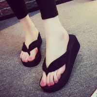 新款高跟女士人字拖鞋夏季防滑凉拖鞋韩版简约夹脚趾人字拖女厚底 毛巾黑色(特) 36 (适合35码脚)