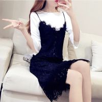 [两件套]2021春秋季新款韩版套装裙女蕾丝吊带连衣裙两件套[8月18日发完] 白色上衣+黑色蕾丝裙 S [80-95斤