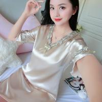 仿真丝冰丝V领短袖睡裙女夏睡衣薄款蕾丝奢华女士家居服连衣裙秋 023#香槟色 M 75-95斤