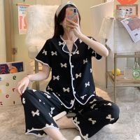 睡衣女夏冰丝短袖长裤薄款加肥加大码胖mm200斤宽松家居服秋套装 短长睡衣女-黑色蝴蝶结 M码(85-100斤)