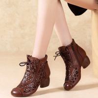 复古软皮女士凉靴中跟增高2021新款夏季透气短靴圆头洞洞皮靴凉鞋 棕色 35