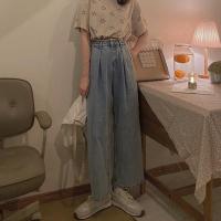 适合胯大腿粗牛仔裤女春夏新款大码蕾丝边高腰宽松直筒显瘦阔腿裤 蓝色 S码[建议80-95斤]