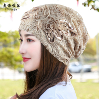 女士帽子春秋堆堆帽时尚薄款夏季月子帽光头睡帽头巾蕾丝包头帽女 蝴蝶花朵帽(米色) 薄款50-56头围 均码