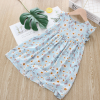 女童绵绸连衣裙儿童人造棉碎花背心裙中小童兰花韩版沙滩裙夏新款 蓝色雏菊 100cm