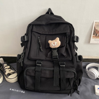书包韩版原宿ulzzang复古工装双肩包男女学生书包ins风初中生背包 黑色 送笑脸毛绒徽章