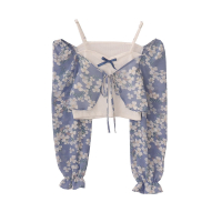 DuForm原创2021新款夏季小众设计感碎花系带长袖衬衫女假两件上衣 蓝色系 均码