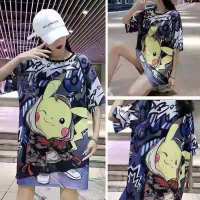 冰丝网眼衣镂空连衣裙夏季t恤女中长款大码孕妇睡裙家居服潮 乳白色 皮卡丘 均码