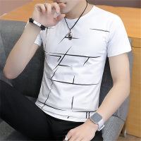 2021新款短袖t恤男士韩版潮流修身丅半袖体桖潮牌夏季上衣服男装 多线条白色 M