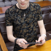 夏季新款烫金冰丝T恤男士2021韩版潮流修身透气时尚t恤半袖潮牌装 805款 M 适合100斤以下