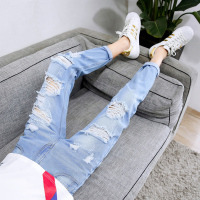 夏季浅蓝色乞丐九分牛仔裤男士韩版修身小脚裤潮牌男装破洞男裤子 A859浅蓝色 28