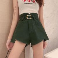 高腰牛仔短裤女2021夏季新款韩版毛边休闲a字宽松显瘦阔腿热裤潮 军绿色 S