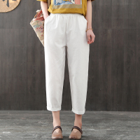 2021夏季新款文艺棉麻哈伦裤女九分裤复古休闲裤七分萝卜裤女 白色-7715 L